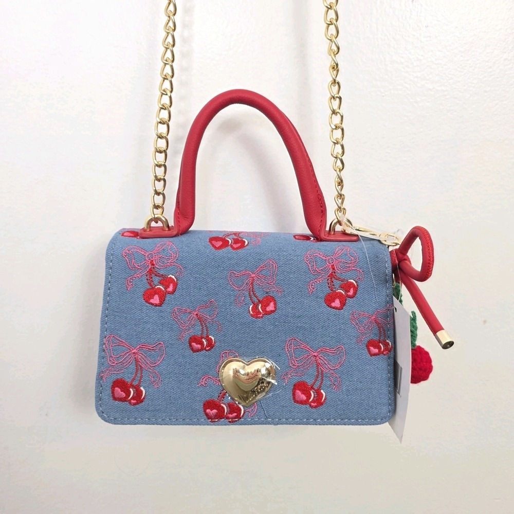 Luv Betsey Johnson Blue Red Cherry Charm Small Crossbody Top Handle Purse